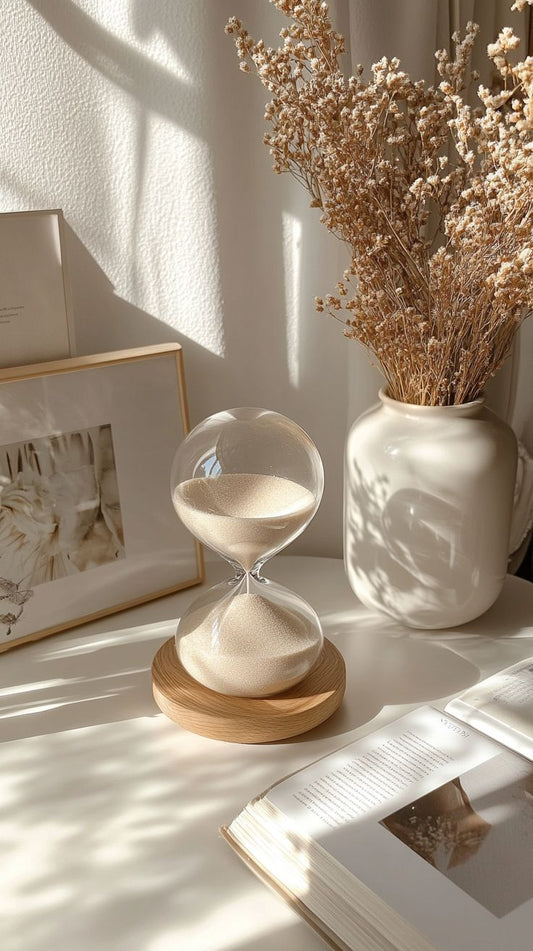 The Art of Intentional Living Inside the World of Twelve28 - hourglass with dried flowers and decor on a table.
