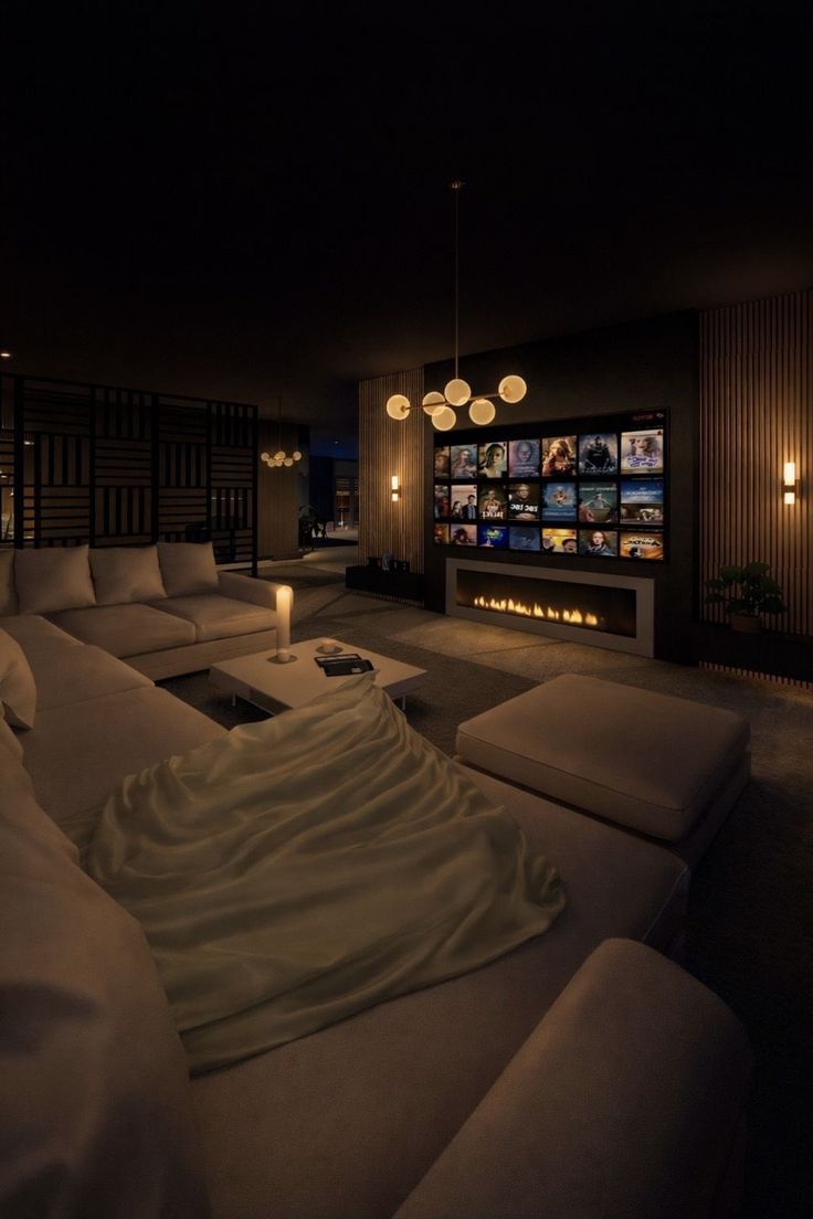 Cinematic room with ambient lighting created by a portable smart projector in a minimalist modern space