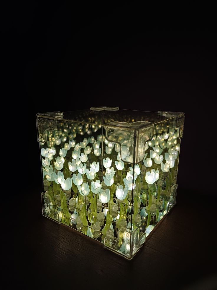A square clear acrylic box filled with glowing blue tulip-shaped lights and green stems, set against a dark black background.